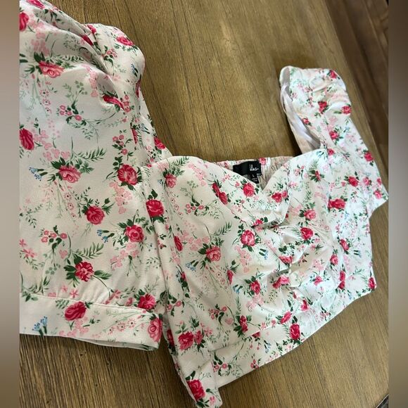 Lulus Cute Factor Floral Rose Print Puff Sleeve Crop Top large - Picture 6 of 9